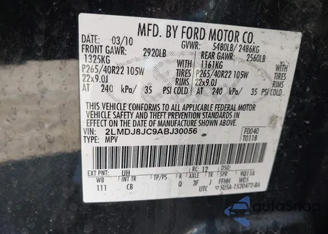 2010 Lincoln Mkx z USA, uszkodzony, nr VIN 2LMDJ8JC9ABJ30056